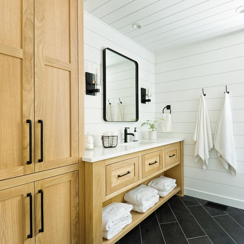 A contemporary modern bathroom design for a country home cabin.
