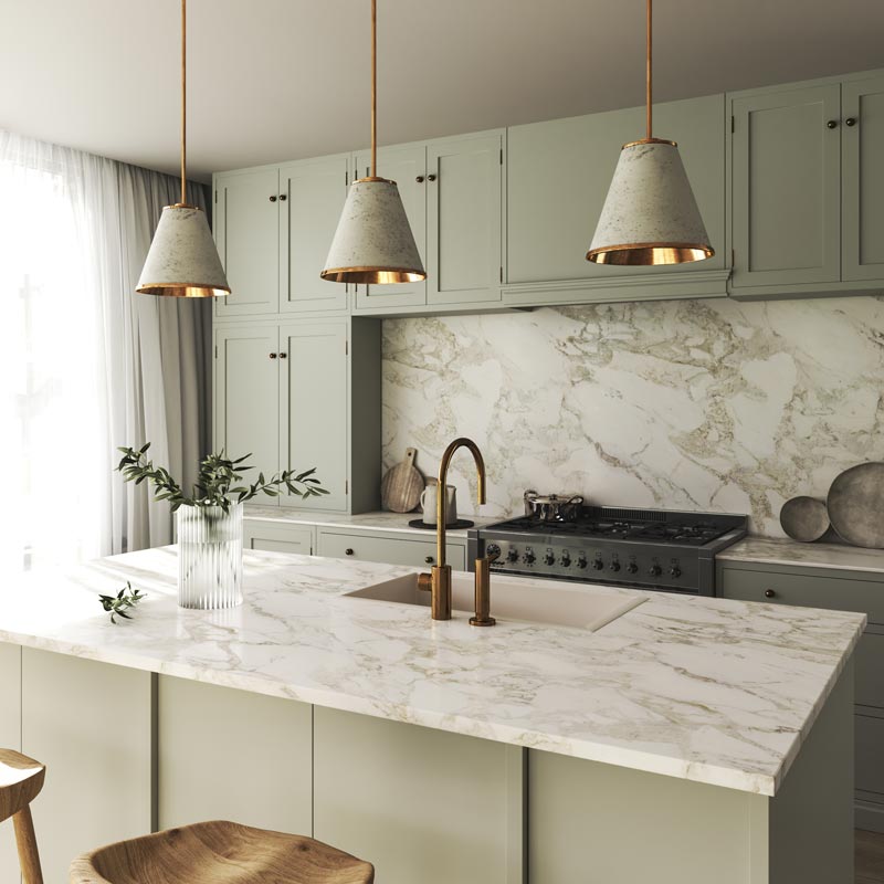 Modern Japandi mock up room interior design and decoration with green pastel counter and cabinet.