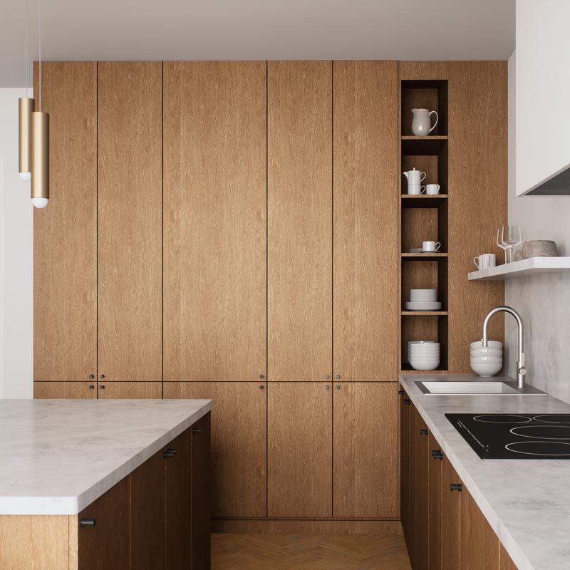 Stylish kitchen featuring wood cabinetry, a marble countertop, and minimalist design